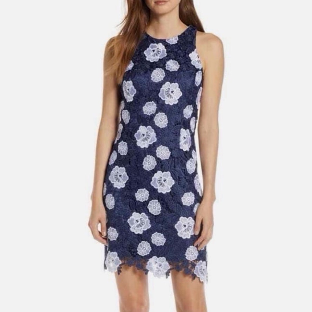 Eliza J Navy Blue And White Floral Lace Racerback Mini Dress